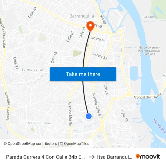 Parada Carrera 4 Con Calle 34b Esq. to Itsa Barranquilla map