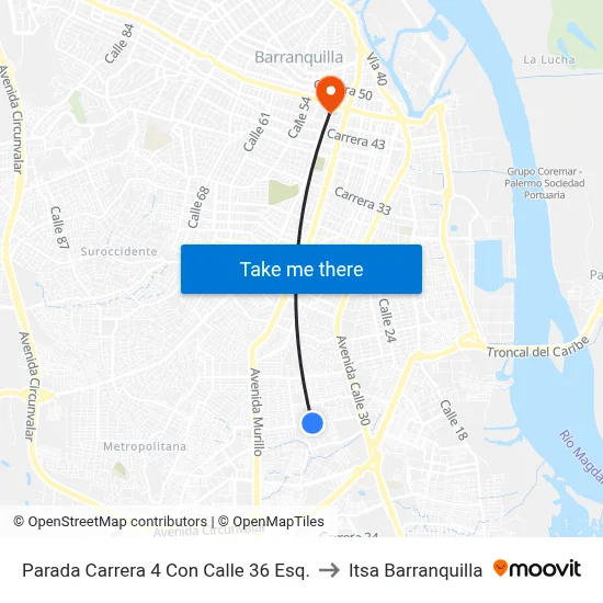 Parada Carrera 4 Con Calle 36 Esq. to Itsa Barranquilla map