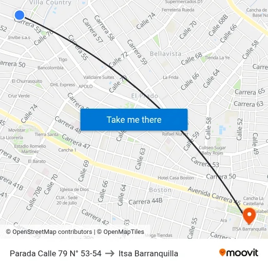 Parada Calle 79 N° 53-54 to Itsa Barranquilla map