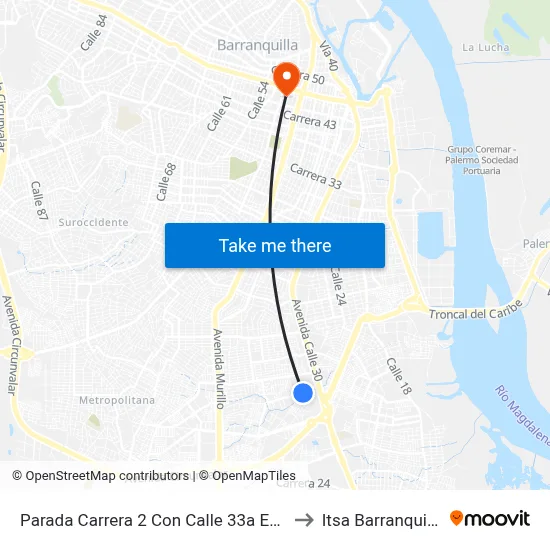 Parada Carrera 2 Con Calle 33a Esq. to Itsa Barranquilla map