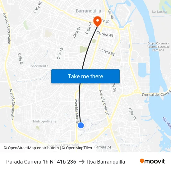 Parada Carrera 1h N° 41b-236 to Itsa Barranquilla map