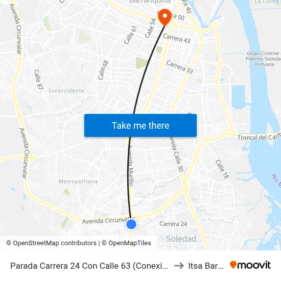Parada Carrera 24 Con Calle 63 (Conexión A Estación Pedro Ramayá) to Itsa Barranquilla map