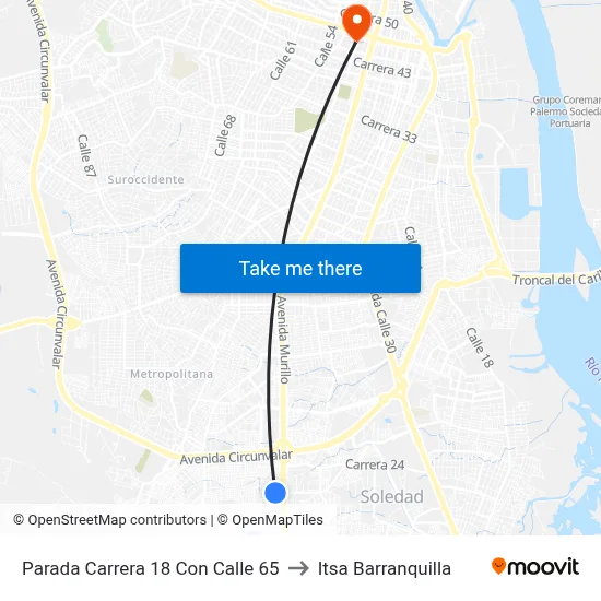 Parada Carrera 18 Con Calle 65 to Itsa Barranquilla map