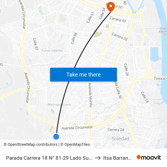 Parada Carrera 18 N° 81-29 Lado Sur Soledad to Itsa Barranquilla map