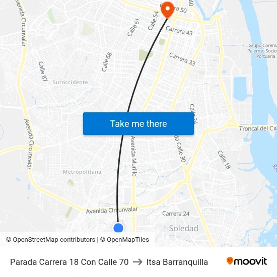 Parada Carrera 18 Con Calle 70 to Itsa Barranquilla map