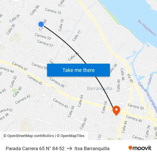 Parada Carrera 65 N° 84-52 to Itsa Barranquilla map