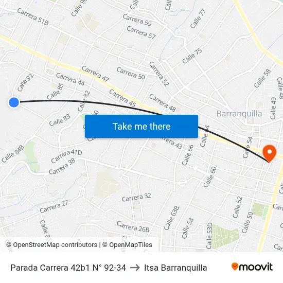 Parada Carrera 42b1 N° 92-34 to Itsa Barranquilla map