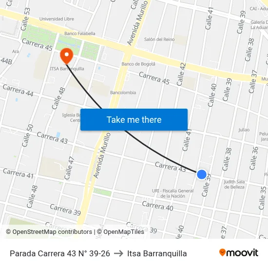 Parada Carrera 43 N° 39-26 to Itsa Barranquilla map