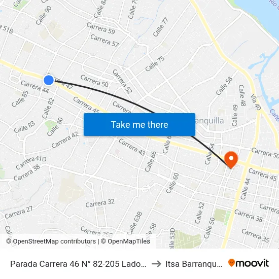 Parada Carrera 46 N° 82-205 Lado Sur to Itsa Barranquilla map