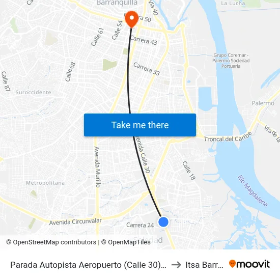 Parada Autopista Aeropuerto (Calle 30) Entrada Barrio Ferrocarril to Itsa Barranquilla map