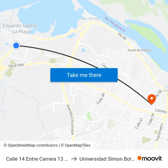 Calle 14 Entre Carrera 13 Y Carrera 20 to Universidad Simon Bolivar Sede 1 map