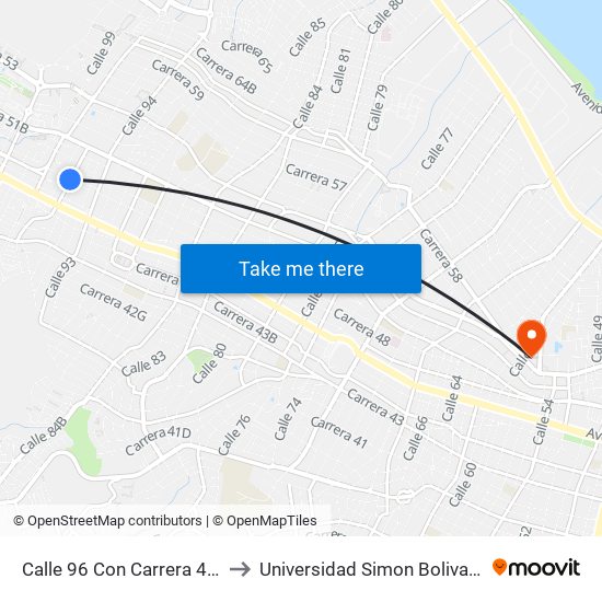 Calle 96 Con Carrera 49c Esq. to Universidad Simon Bolivar Sede 1 map