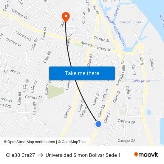 Clle30 Cra27 to Universidad Simon Bolivar Sede 1 map