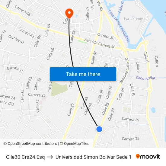 Clle30 Cra24 Esq to Universidad Simon Bolivar Sede 1 map
