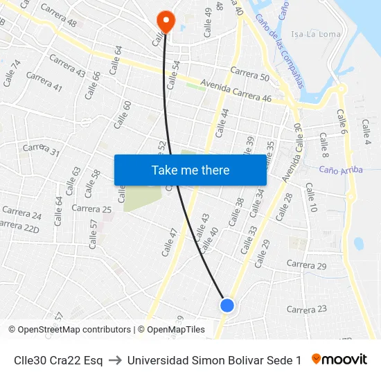 Clle30 Cra22 Esq to Universidad Simon Bolivar Sede 1 map
