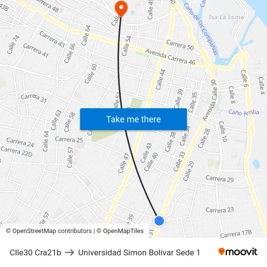 Clle30 Cra21b to Universidad Simon Bolivar Sede 1 map