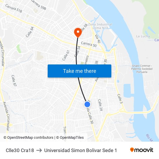 Clle30 Cra18 to Universidad Simon Bolivar Sede 1 map
