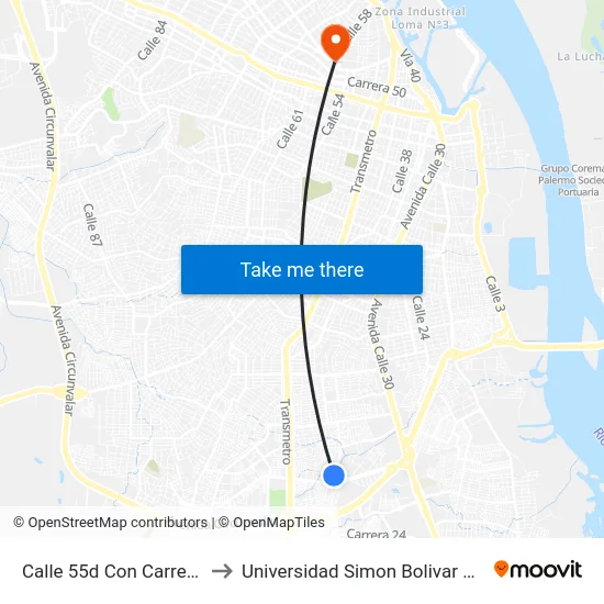 Calle 55d Con Carrera 44 to Universidad Simon Bolivar Sede 1 map