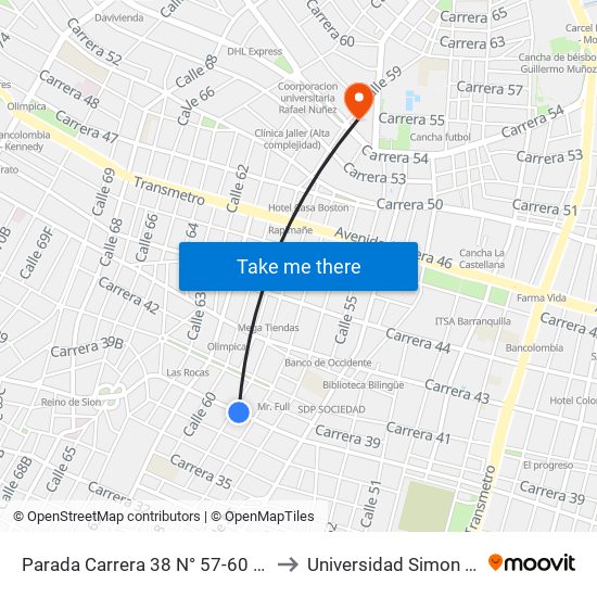 Parada Carrera 38 N° 57-60 Unicash Lado Norte to Universidad Simon Bolivar Sede 1 map