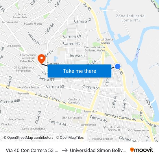 Vía 40 Con Carrera 53 Lado Sur to Universidad Simon Bolivar Sede 1 map