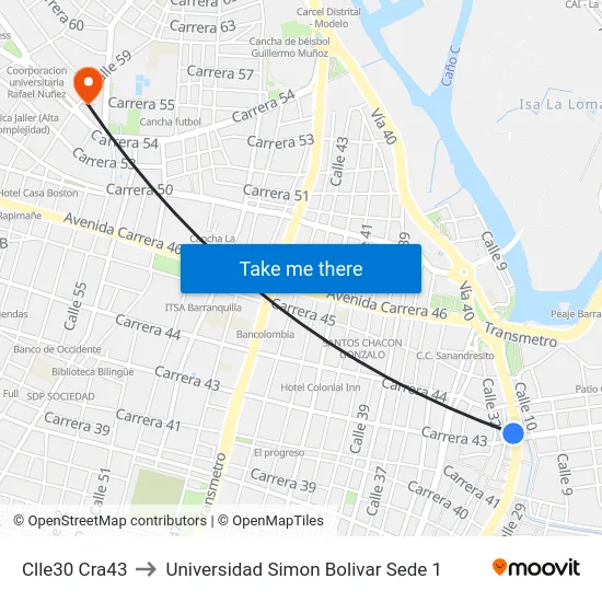 Clle30 Cra43 to Universidad Simon Bolivar Sede 1 map