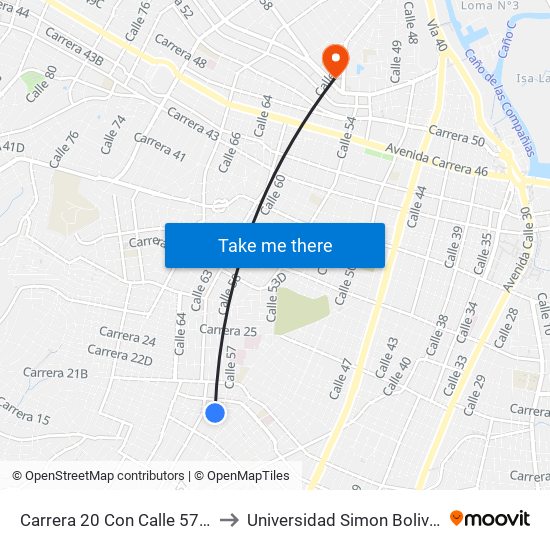 Carrera 20 Con Calle 57 Lado Sur to Universidad Simon Bolivar Sede 1 map