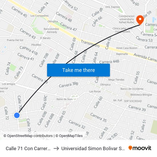 Calle 71 Con Carrera 31 to Universidad Simon Bolivar Sede 1 map