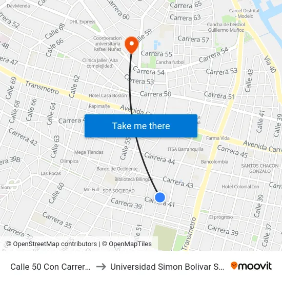 Calle 50 Con Carrera 41 to Universidad Simon Bolivar Sede 1 map