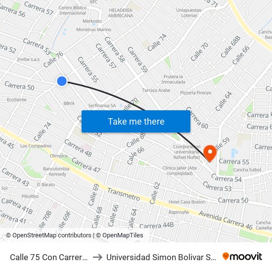 Calle 75 Con Carrera 52 to Universidad Simon Bolivar Sede 1 map