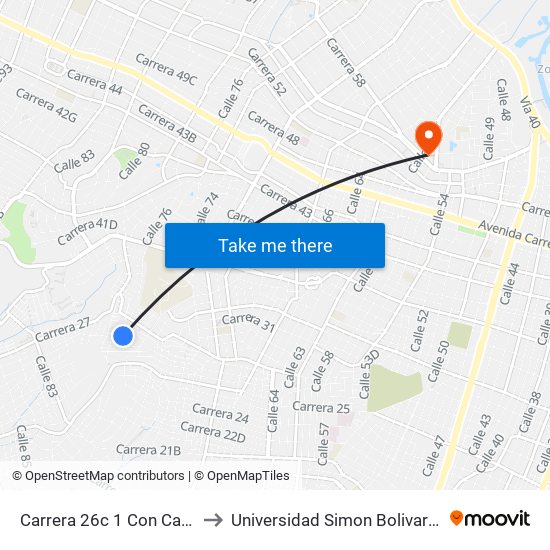 Carrera 26c 1 Con Calle 76a to Universidad Simon Bolivar Sede 1 map