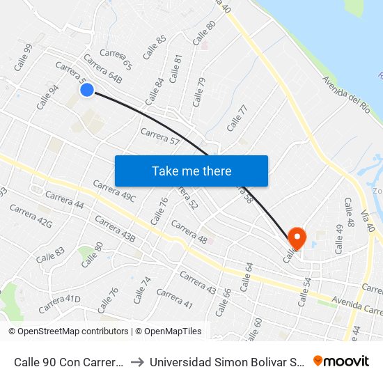 Calle 90 Con Carrera 58 to Universidad Simon Bolivar Sede 1 map