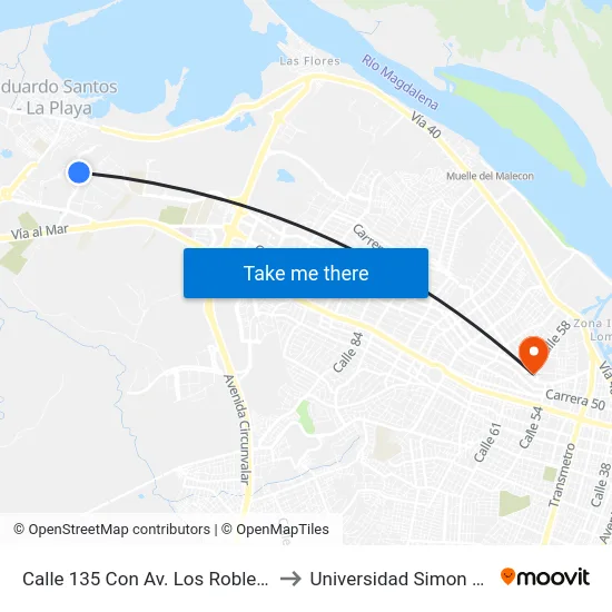 Calle 135 Con Av. Los Robles Lado Occidental to Universidad Simon Bolivar Sede 1 map