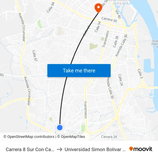 Carrera 8 Sur Con Calle 66 to Universidad Simon Bolivar Sede 1 map
