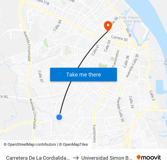Carretera De La Cordialidad, 7439-74159 to Universidad Simon Bolivar Sede 1 map