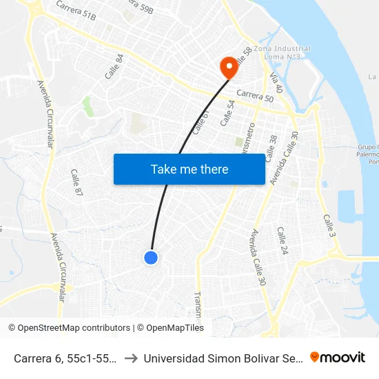 Carrera 6, 55c1-55c65 to Universidad Simon Bolivar Sede 1 map