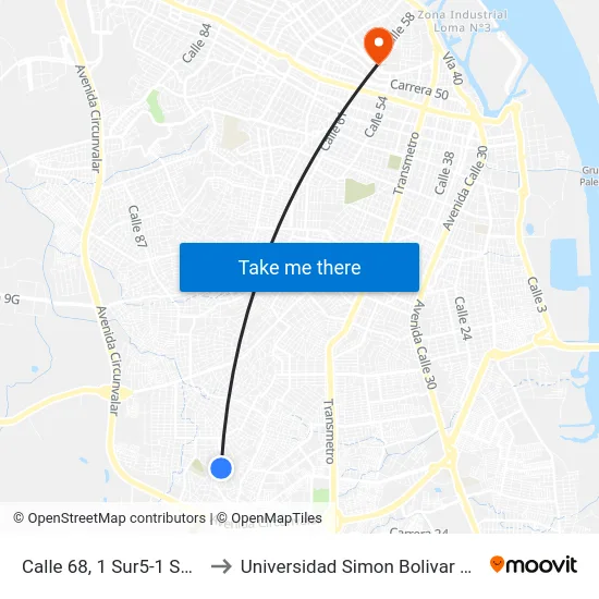 Calle 68, 1 Sur5-1 Sur203 to Universidad Simon Bolivar Sede 1 map