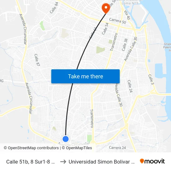 Calle 51b, 8 Sur1-8 Sur59 to Universidad Simon Bolivar Sede 1 map