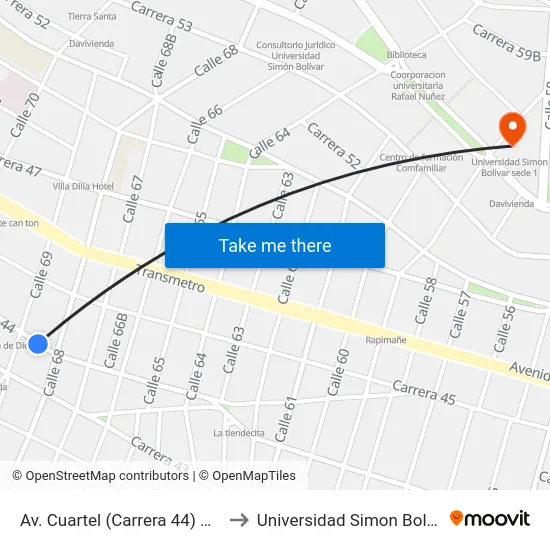 Av. Cuartel (Carrera 44) Con Calle 68 to Universidad Simon Bolivar Sede 1 map