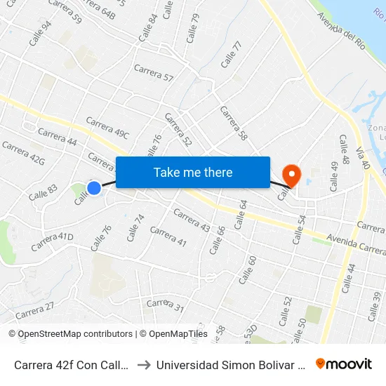 Carrera 42f Con Calle 79b to Universidad Simon Bolivar Sede 1 map