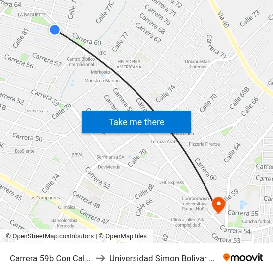Carrera 59b Con Calle 79 to Universidad Simon Bolivar Sede 1 map