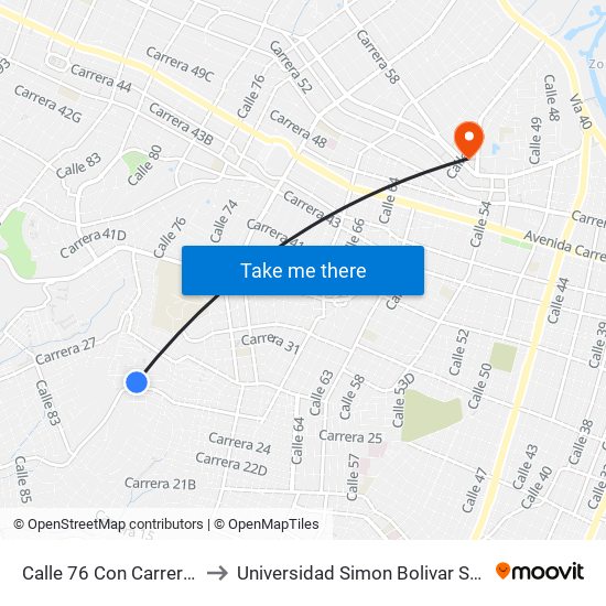 Calle 76 Con Carrera 26 to Universidad Simon Bolivar Sede 1 map