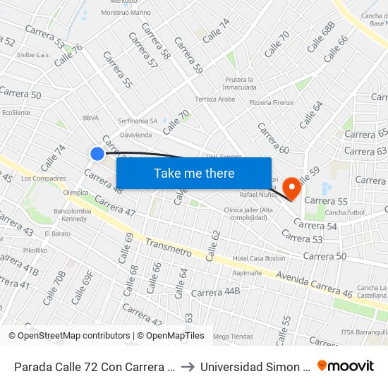 Parada Calle 72 Con Carrera 49 Colegio Lourdes to Universidad Simon Bolivar Sede 1 map