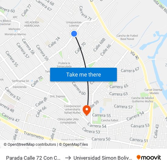 Parada Calle 72 Con Carrera 66 to Universidad Simon Bolivar Sede 1 map
