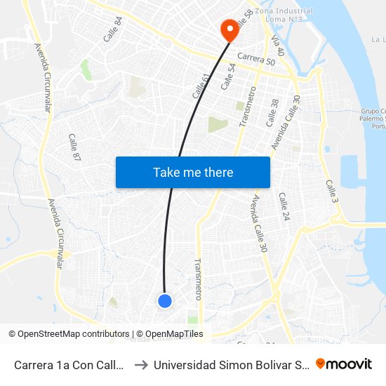 Carrera 1a Con Calle 48c to Universidad Simon Bolivar Sede 1 map