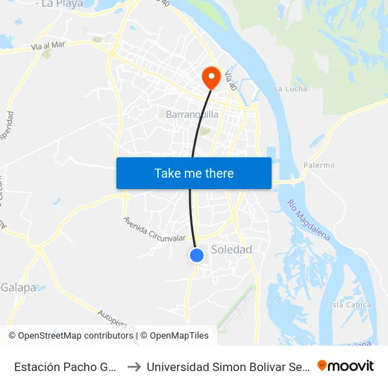 Estación Pacho Galán to Universidad Simon Bolivar Sede 1 map