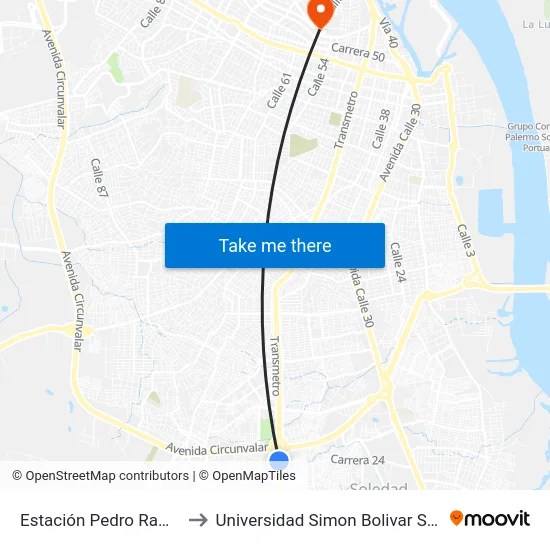 Estación Pedro Ramayá to Universidad Simon Bolivar Sede 1 map
