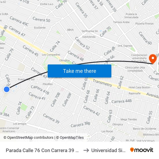 Parada Calle 76 Con Carrera 39 Centro Comercial Único Lado Oriental to Universidad Simon Bolivar Sede 1 map