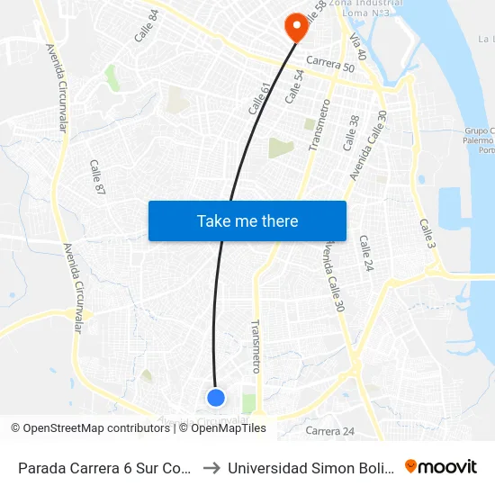 Parada Carrera 6 Sur Con Calle 47b to Universidad Simon Bolivar Sede 1 map