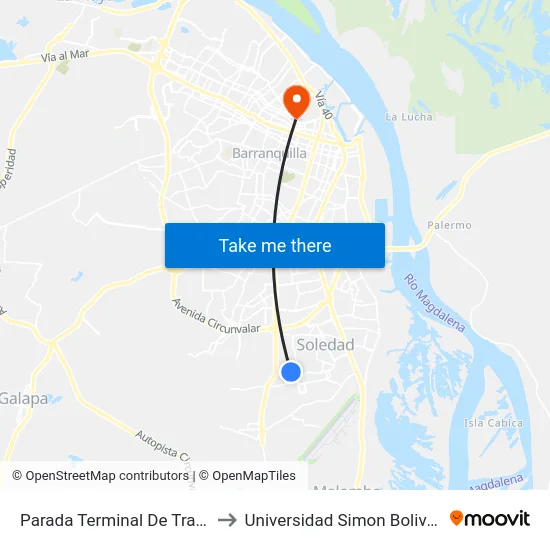 Parada Terminal De Transportes to Universidad Simon Bolivar Sede 1 map