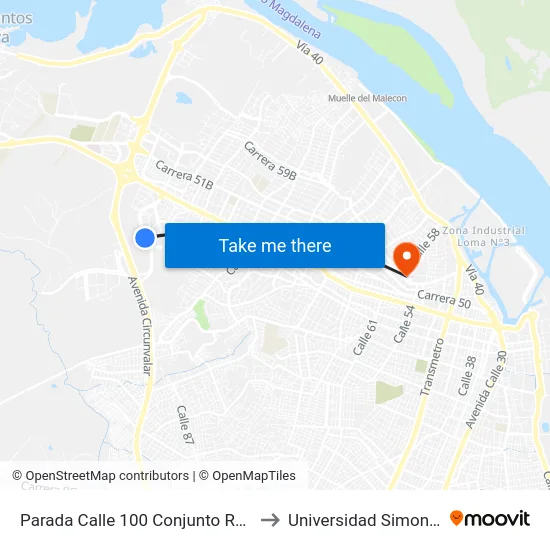 Parada Calle 100 Conjunto Residencial Parque 100 to Universidad Simon Bolivar Sede 1 map
